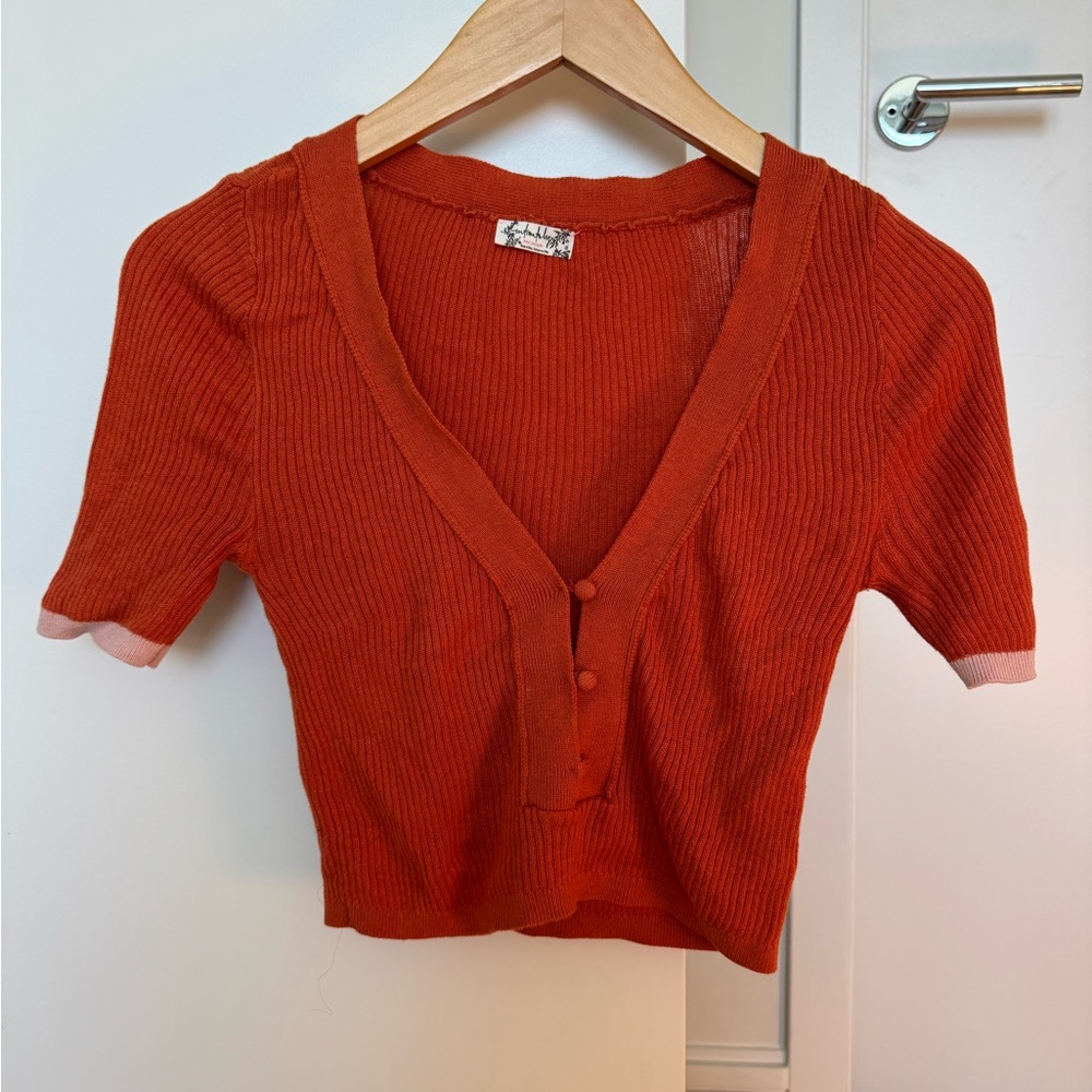 Women's V-Neck Button-Up Top - Orange